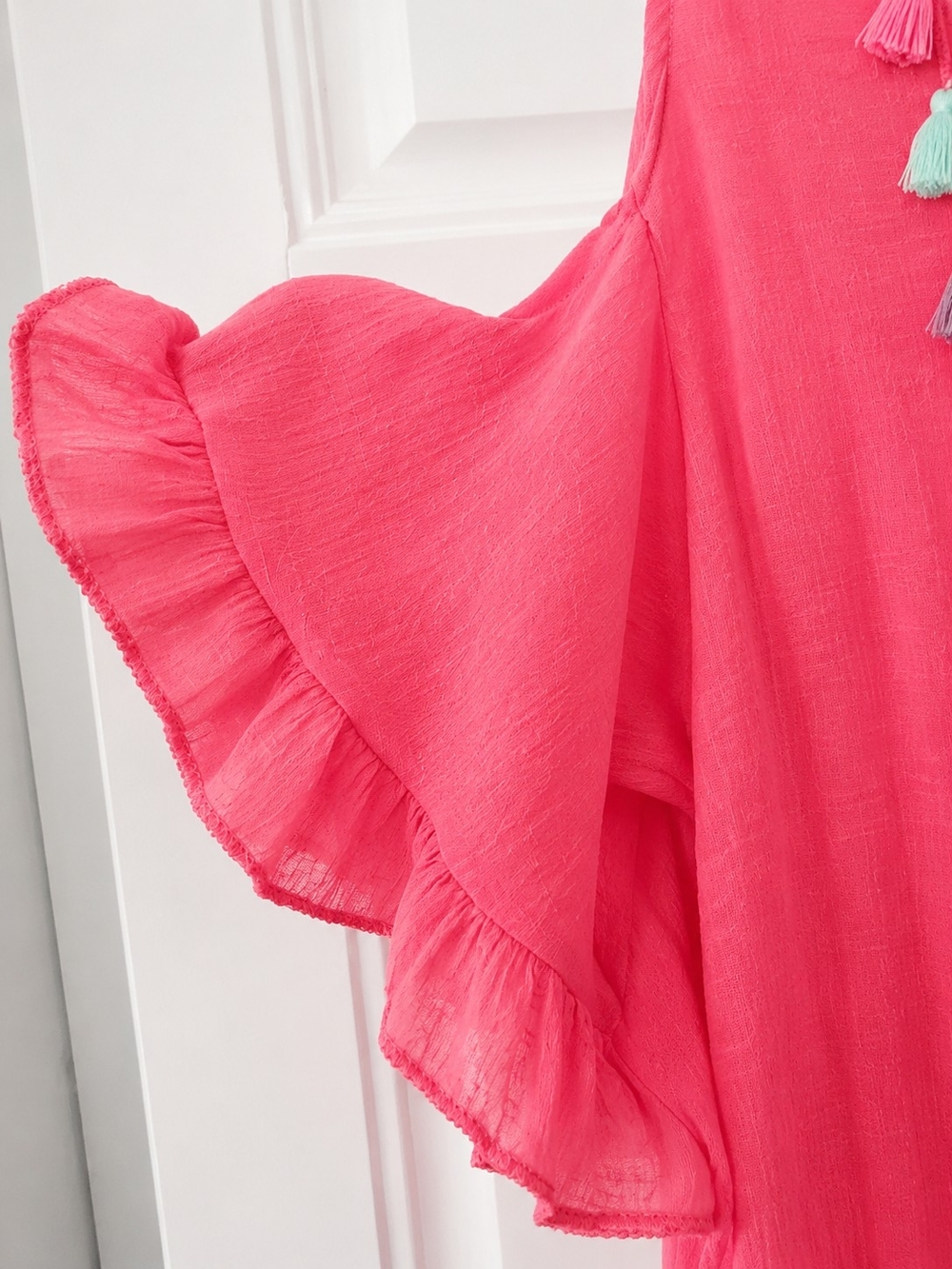 India Boutique Coral Pink Cold-Shoulder Coverup w/Multicolor Crochet & Tassels - Picture 3 of 5
